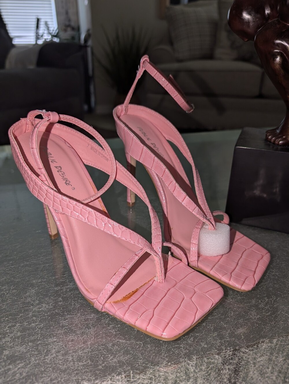 Pink Strappy High Heel Sandals - Faux Croc